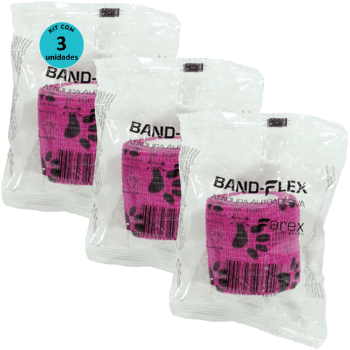Atadura 5cm Rosa Com Patinhas Band-Flex Autoadesiva Para Animais Farex Kit Com 3
